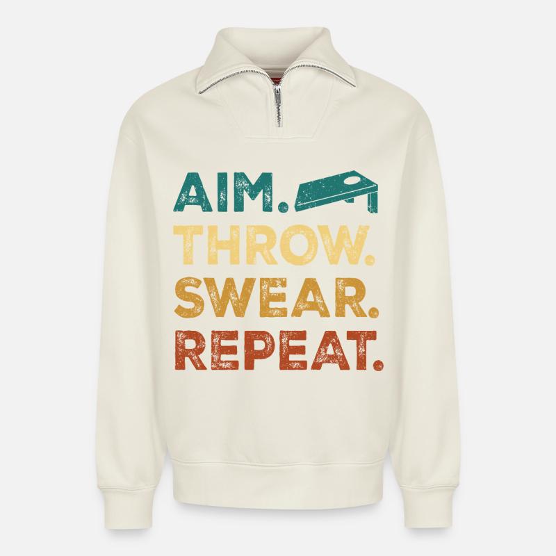 Aim. Throw. Wear. Repeat. - Relaxed Unisex Organic Half Zip Sweatshirt – by SPREAD - off white