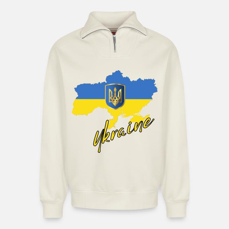 Fierté ukrainienne, drapeau ukrainien - Sweat unisexe décontracté en coton biologique à demi-zip – de SPREAD - blanc cassé
