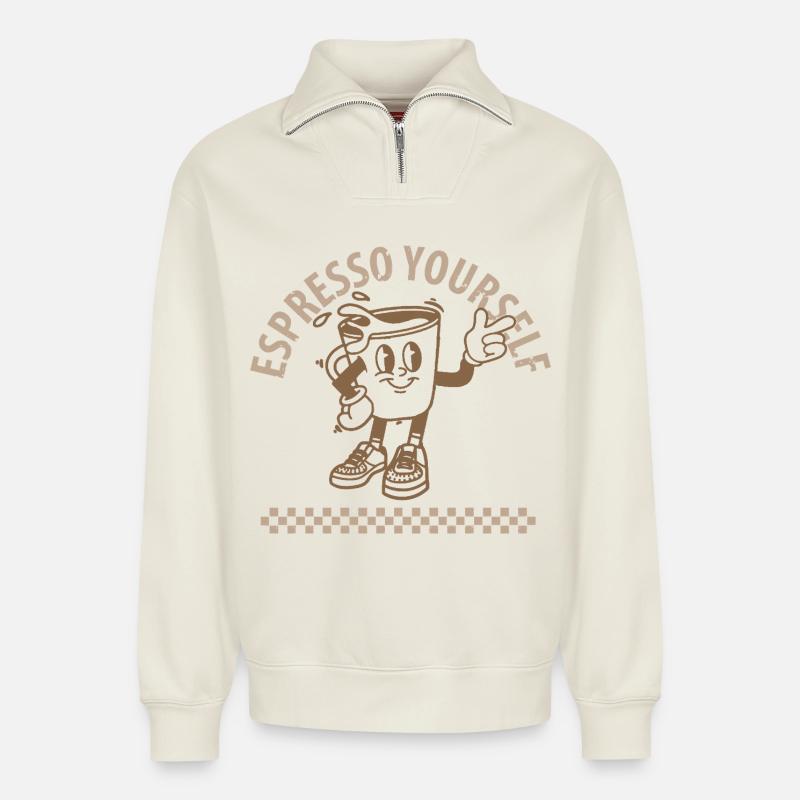 Espresso Yourself Café - Sweat unisexe décontracté en coton biologique à demi-zip – de SPREAD - blanc cassé