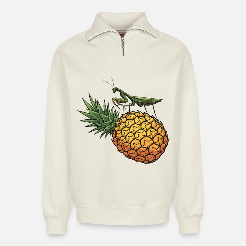 Ananas mit Grashüpfer Illustration - Relaxed Unisex Organic Half Zip Sweatshirt – von SPREAD - Naturweiß