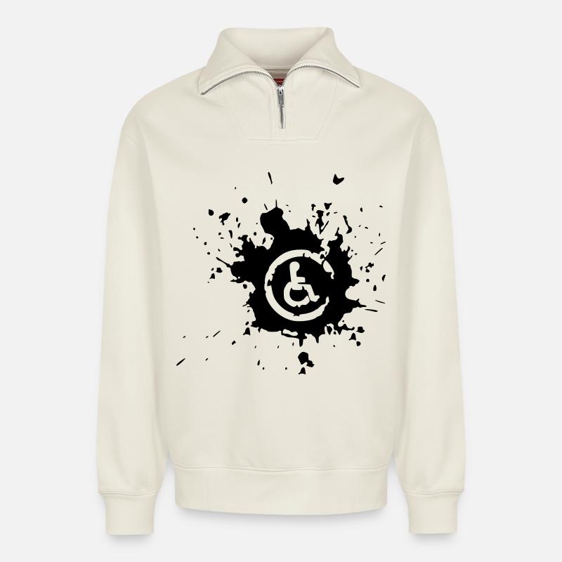 Bild Rollstuhl Behinderte Farbspritzer * - Relaxed Unisex Organic Half Zip Sweatshirt – von SPREAD - Naturweiß