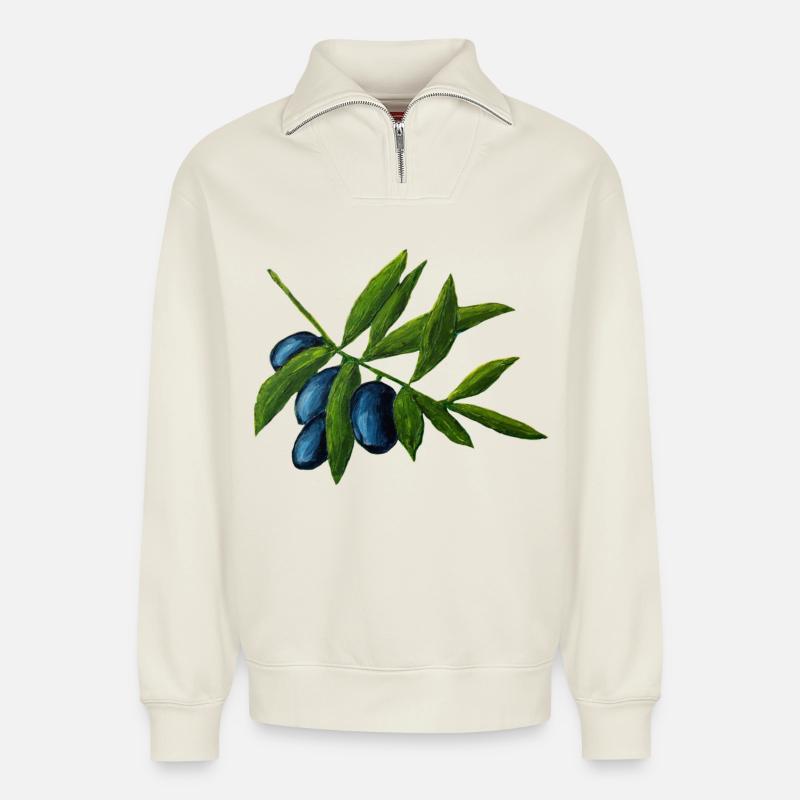 Oliven - Relaxed Unisex Organic Half Zip Sweatshirt – von SPREAD - Naturweiß