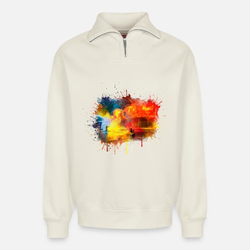 Feuerwehr-Brandbekämpfung in Aktion - Relaxed Unisex Organic Half Zip Sweatshirt – von SPREAD - Naturweiß