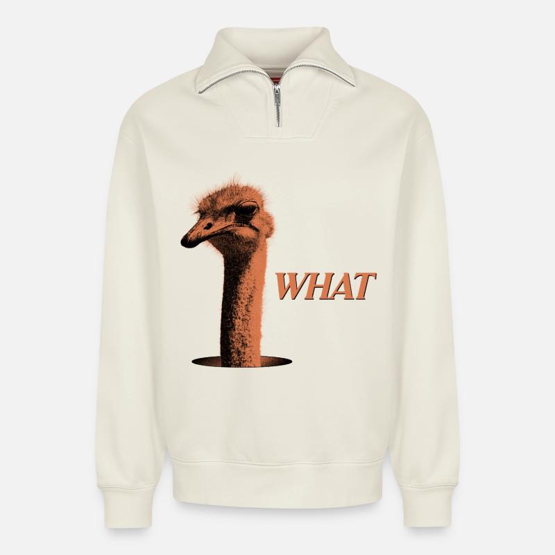 What?! – Grummelnder Strauß - Relaxed Unisex Organic Half Zip Sweatshirt – von SPREAD - Naturweiß
