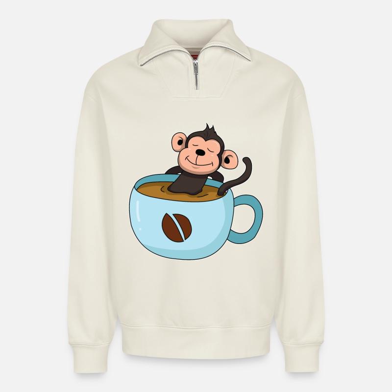 Kaffee-Äffchen - Relaxed Unisex Organic Half Zip Sweatshirt – von SPREAD - Naturweiß