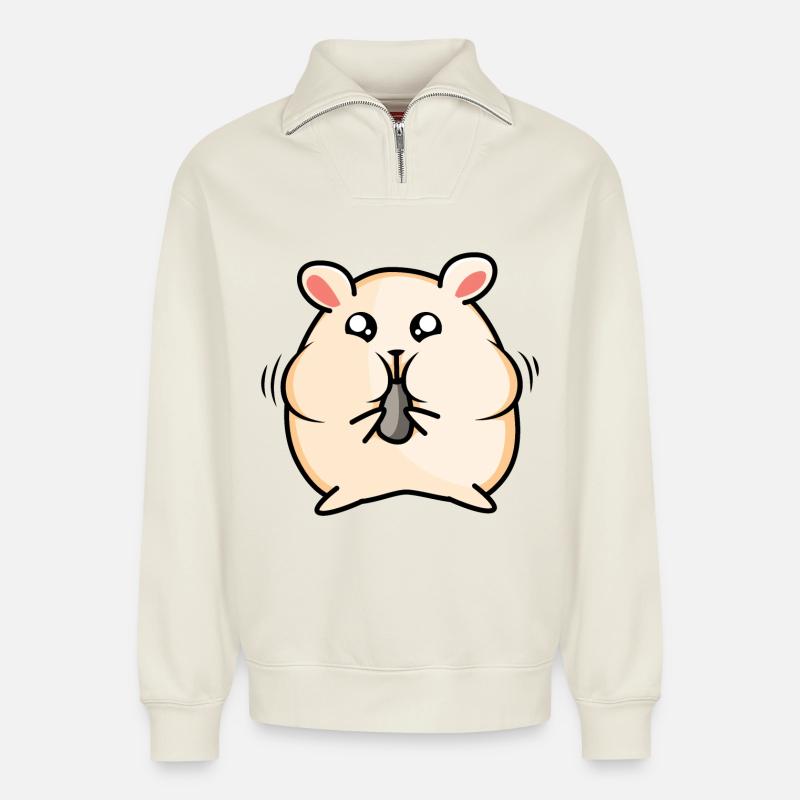 Conception de hamster - Sweat unisexe décontracté en coton biologique à demi-zip – de SPREAD - blanc cassé