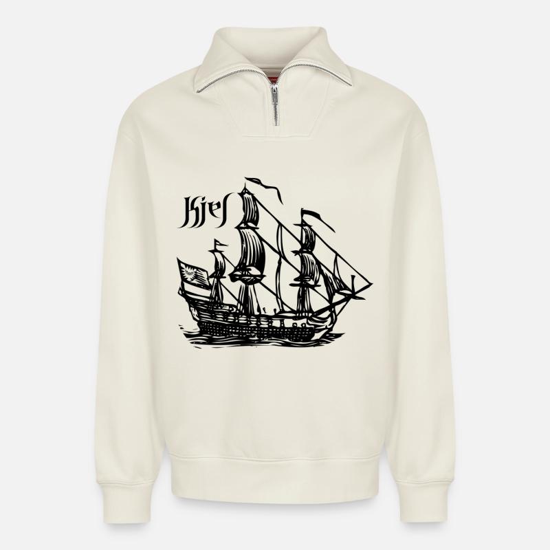 Kiel - Segelschiff - Relaxed Unisex Organic Half Zip Sweatshirt – von SPREAD - Naturweiß