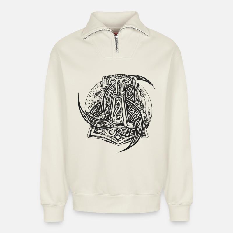 Thorhammer Kompass Mond - Relaxed Unisex Organic Half Zip Sweatshirt – von SPREAD - Naturweiß