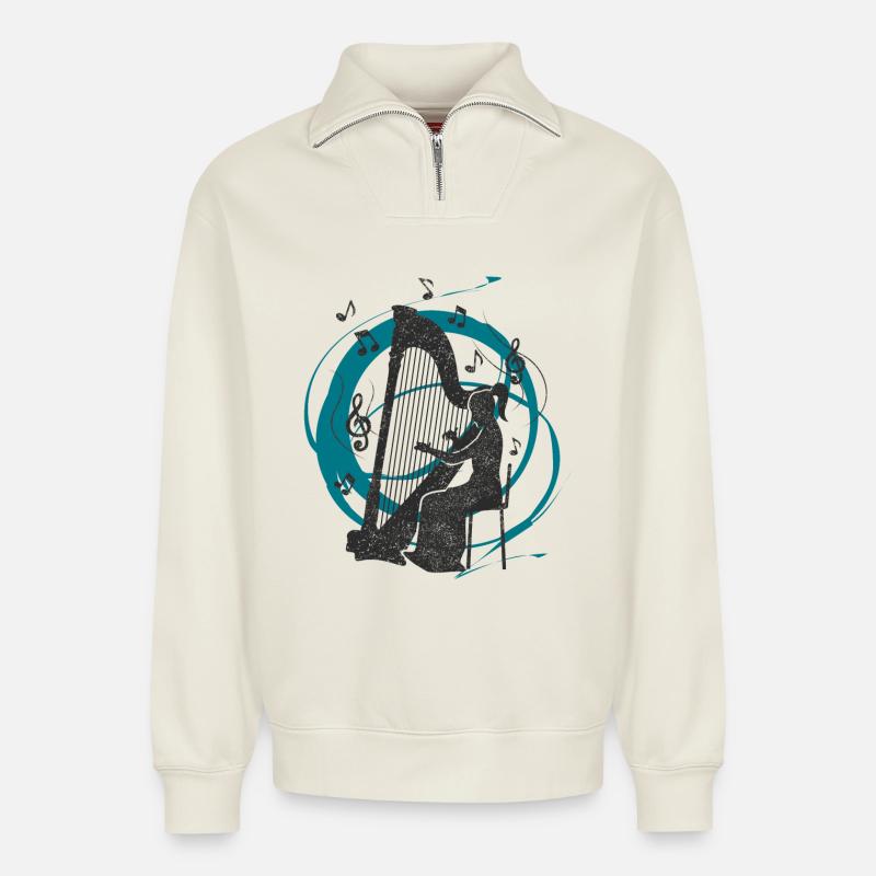 Sons de harpe - Sweat unisexe décontracté en coton biologique à demi-zip – de SPREAD - blanc cassé