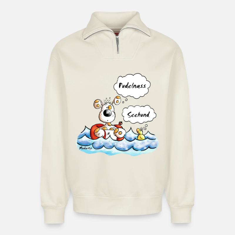 Ansichtssache - Hund - Ente - Wasser - Relaxed Unisex Organic Half Zip Sweatshirt – von SPREAD - Naturweiß