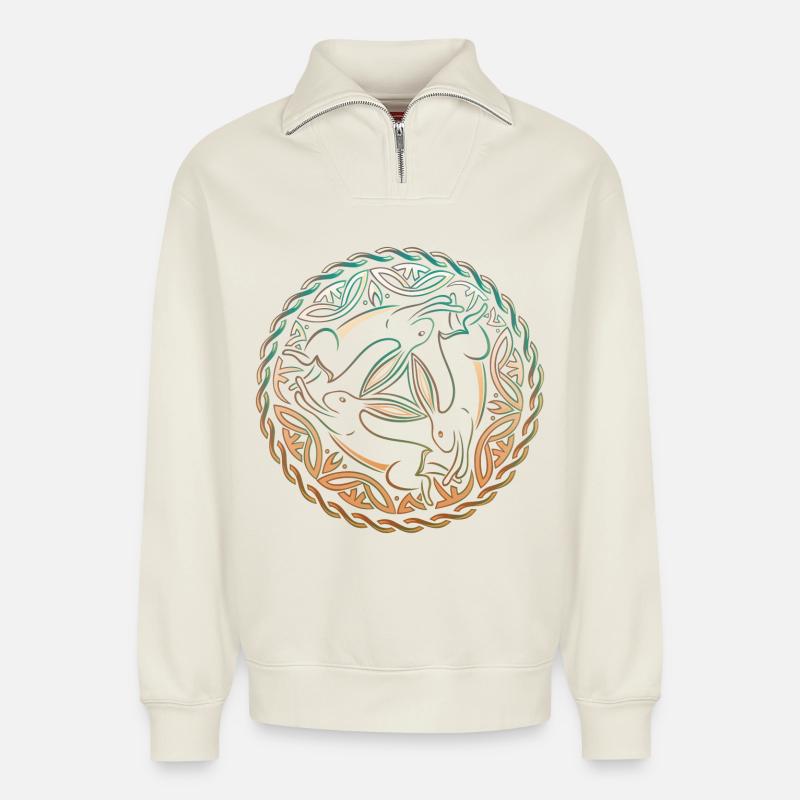 Drei Hasen Dreihasenbild Osterhase - Relaxed Unisex Organic Half Zip Sweatshirt – von SPREAD - Naturweiß