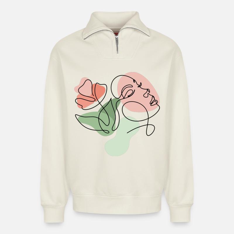 Minimalistisches Blumen-Liniendesign - Relaxed Unisex Organic Half Zip Sweatshirt – von SPREAD - Naturweiß