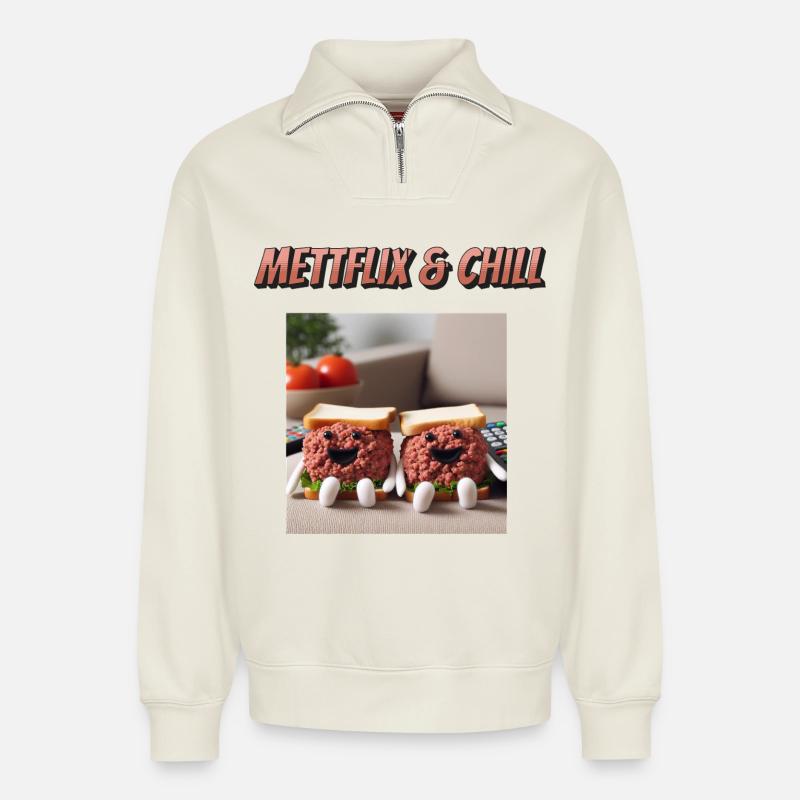 Mettflix & Chill - Relaxed Unisex Organic Half Zip Sweatshirt – von SPREAD - Naturweiß