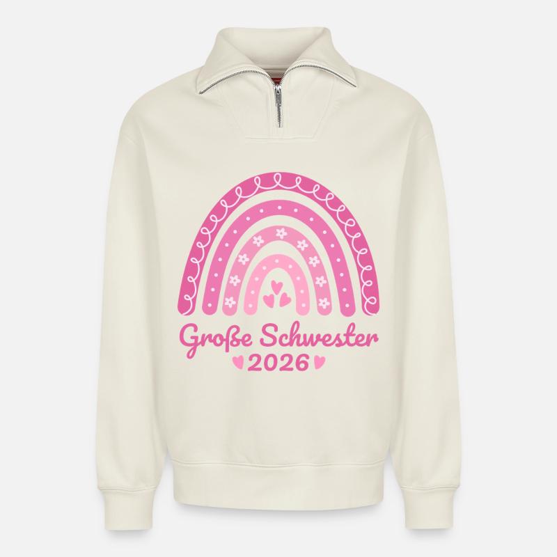 Große Schwester 2026 Regenbogen - Relaxed Unisex Organic Half Zip Sweatshirt – von SPREAD - Naturweiß