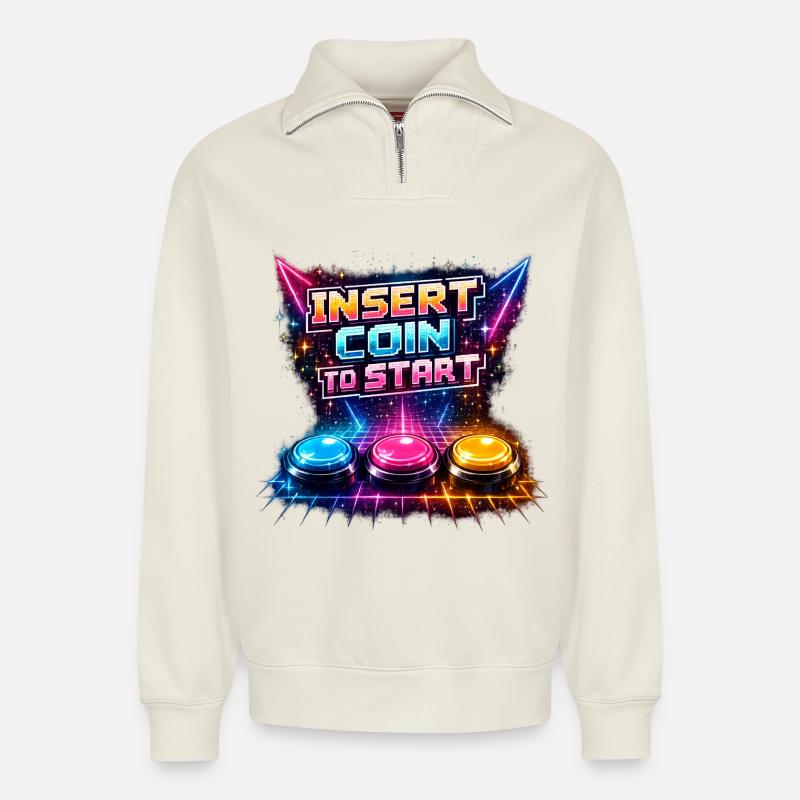 Retro Arcade Neon – Insert Coin - Relaxed Unisex Organic Half Zip Sweatshirt – von SPREAD - Naturweiß