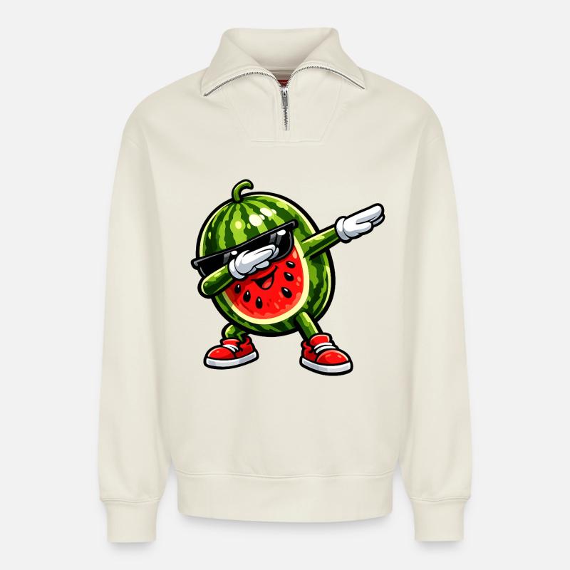 Tamponnement de pastèque - Sweat unisexe décontracté en coton biologique à demi-zip – de SPREAD - blanc cassé