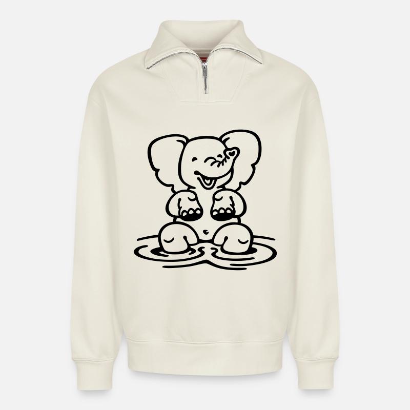 little elephant (a) - Sweat unisexe décontracté en coton biologique à demi-zip – de SPREAD - blanc cassé