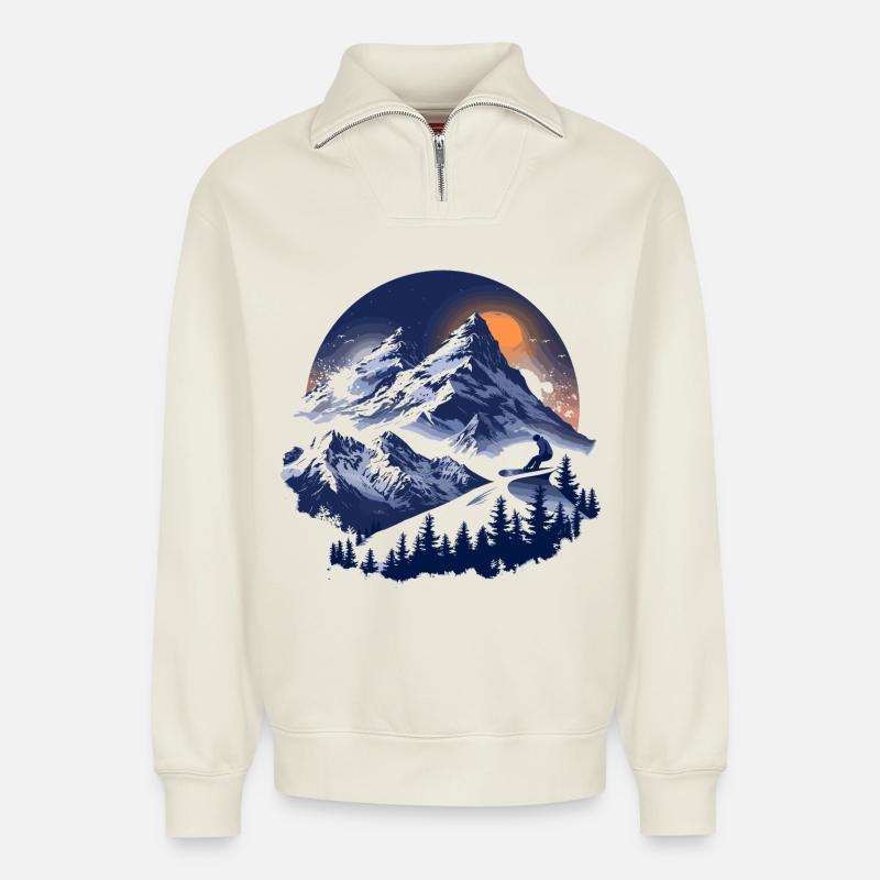 Graphismes de snowboard - Sweat unisexe décontracté en coton biologique à demi-zip – de SPREAD - blanc cassé