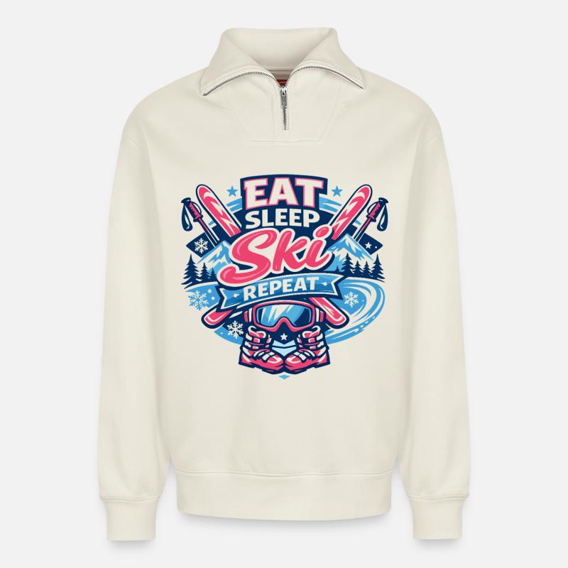 eat ski - Relaxed Unisex Organic Half Zip Sweatshirt – von SPREAD - Naturweiß