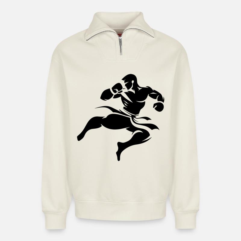 Kickboxen Zeichnung - Relaxed Unisex Organic Half Zip Sweatshirt – von SPREAD - Naturweiß