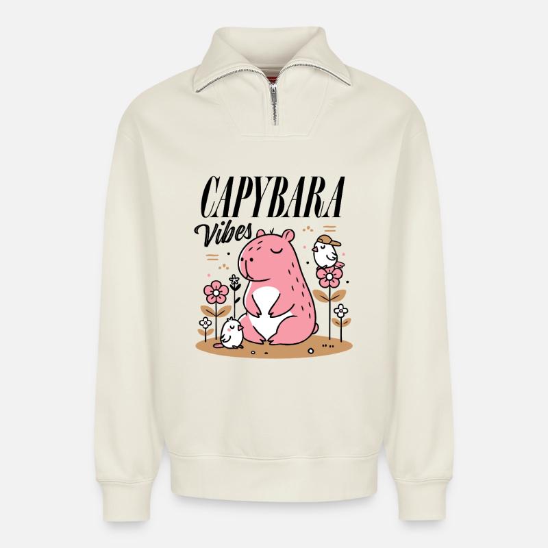 Relaxed capybara with friends - Relaxed Unisex Organic Half Zip Sweatshirt – by SPREAD - off white