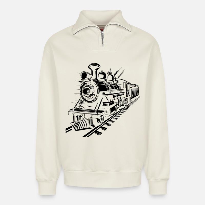 Chemin de fer - Sweat unisexe décontracté en coton biologique à demi-zip – de SPREAD - blanc cassé
