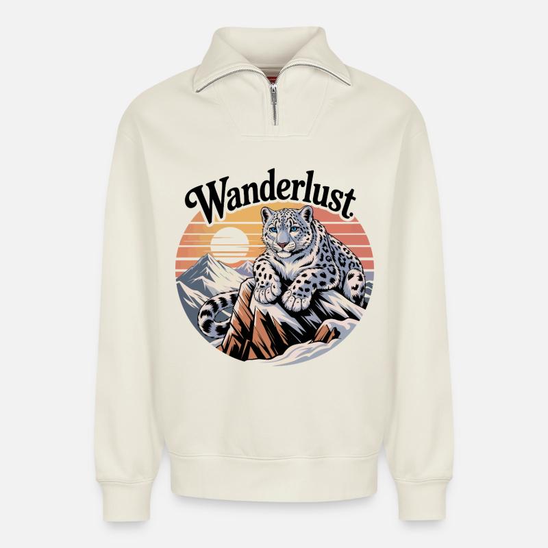 Snow Leopard on Mountain Sunset - Relaxed Unisex Organic Half Zip Sweatshirt – by SPREAD - off white