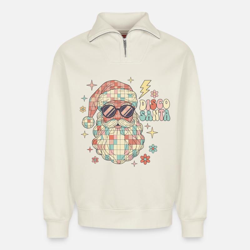 Techno Disco Weihnachtsmann Discokugel Lustig - Relaxed Unisex Organic Half Zip Sweatshirt – von SPREAD - Naturweiß