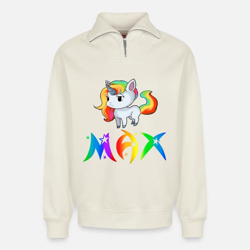 Einhorn Max - Relaxed Unisex Organic Half Zip Sweatshirt – von SPREAD - Naturweiß