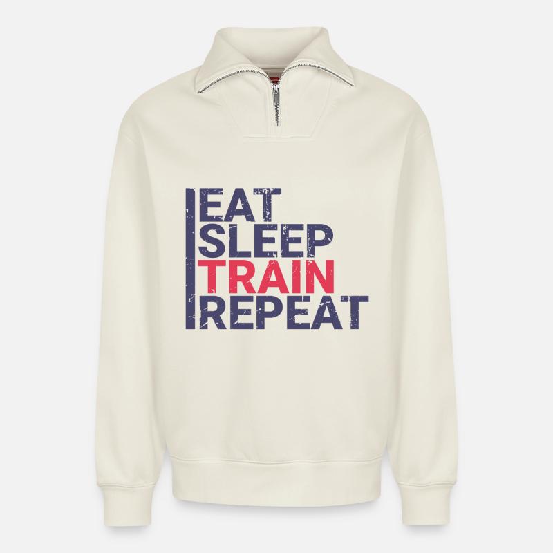 Manger dormir train répéter - Sweat unisexe décontracté en coton biologique à demi-zip – de SPREAD - blanc cassé