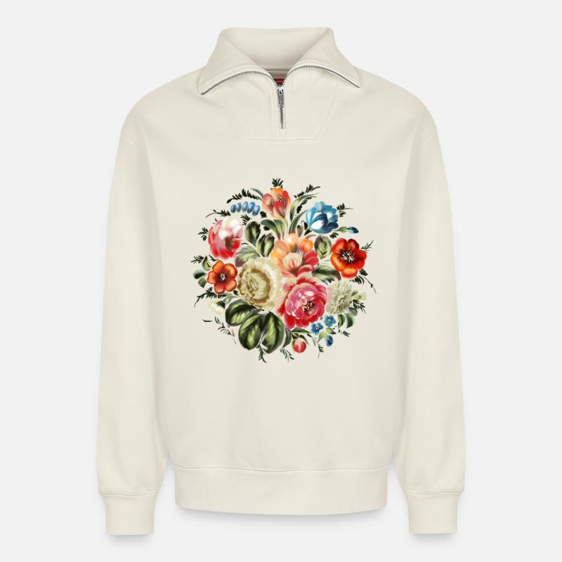 Blumen Zhostovo - Relaxed Unisex Organic Half Zip Sweatshirt – von SPREAD - Naturweiß