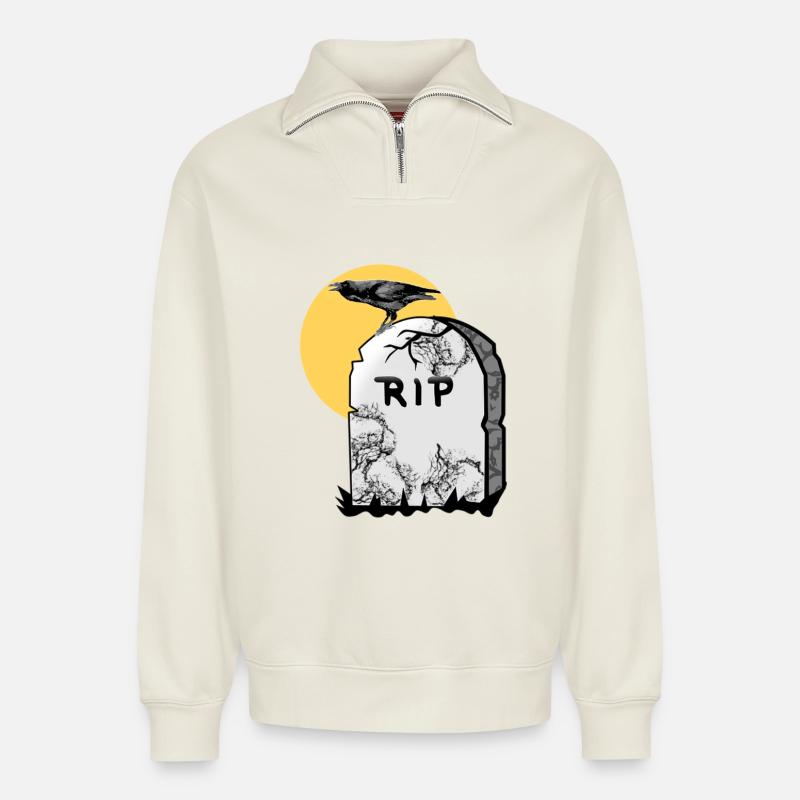 Grabstein mit Krähe - Relaxed Unisex Organic Half Zip Sweatshirt – von SPREAD - Naturweiß