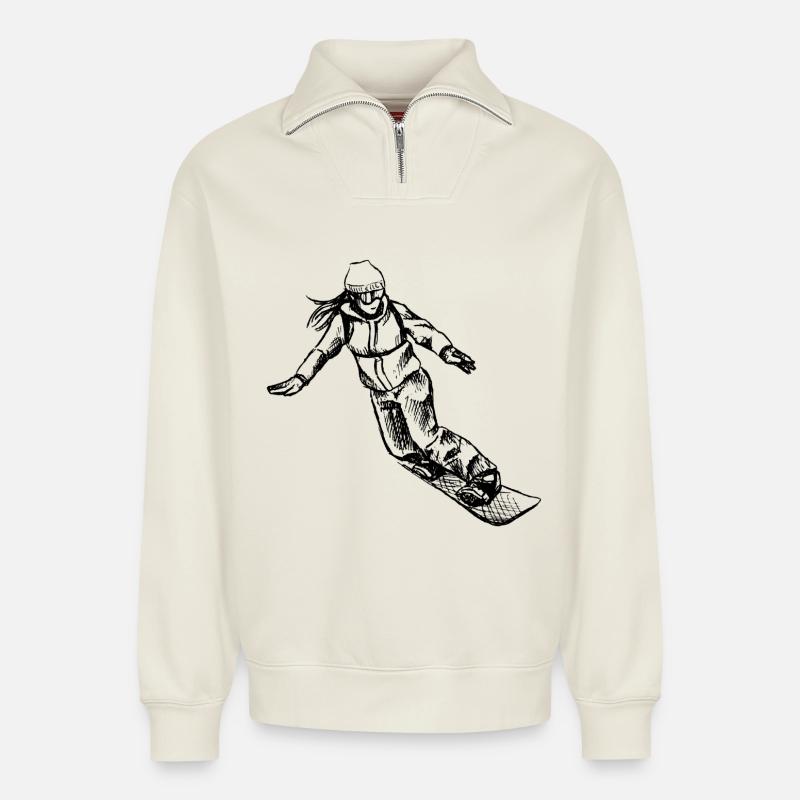 Snowboarderin I - Relaxed Unisex Organic Half Zip Sweatshirt – von SPREAD - Naturweiß