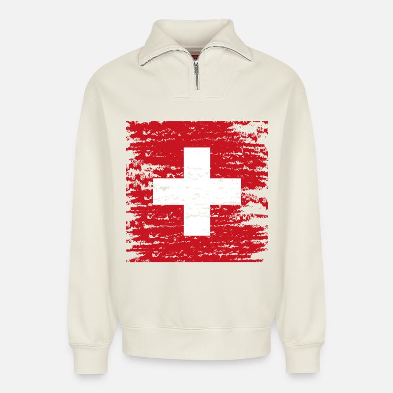 Croix suisse texturée rouge - Relaxed Unisex Organic Half Zip Sweatshirt – von SPREAD - Naturweiß