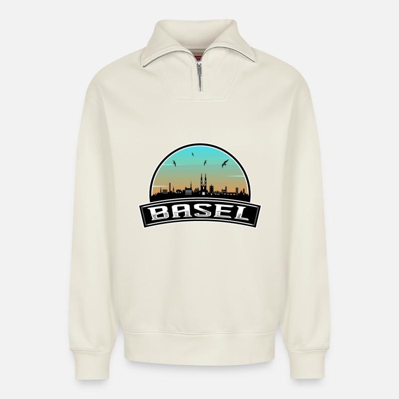 Basel Schweiz Skyline Schweizer Souvenir - Relaxed Unisex Organic Half Zip Sweatshirt – von SPREAD - Naturweiß