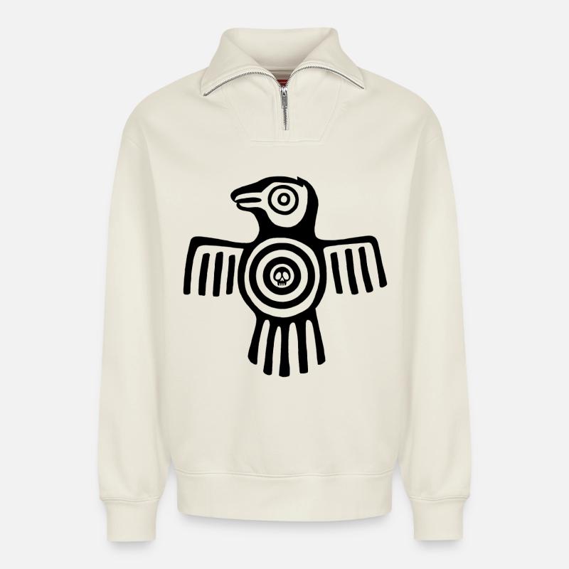 Schwarzer Inka-Vogel - Relaxed Unisex Organic Half Zip Sweatshirt – von SPREAD - Naturweiß
