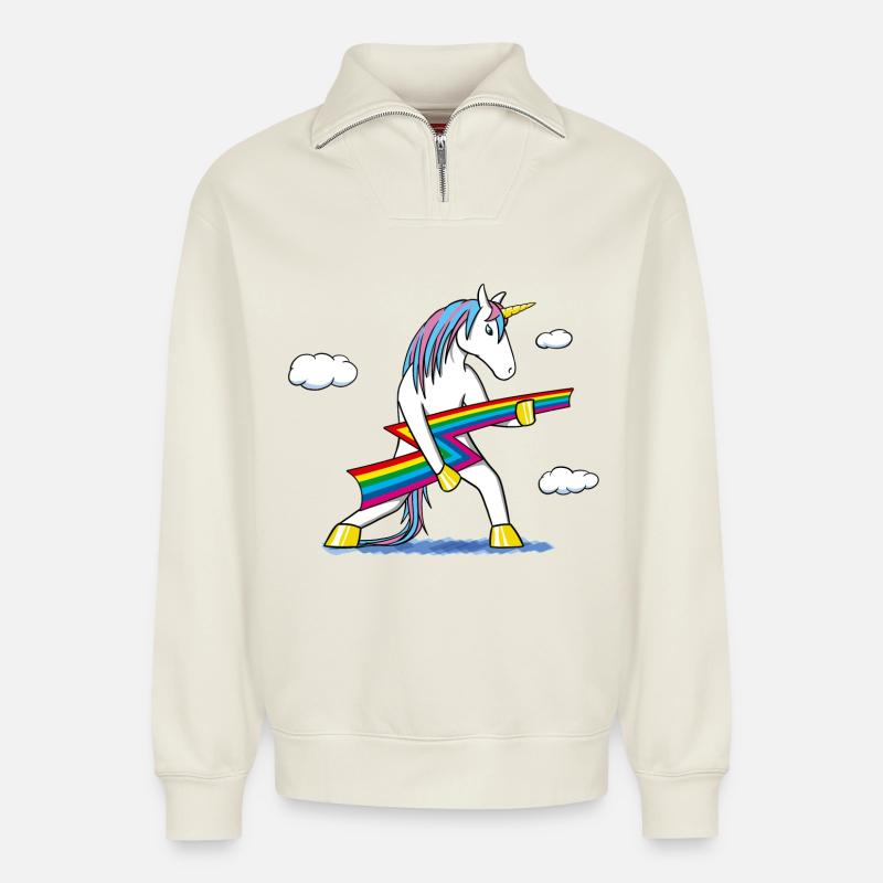 Rainbow Rock – Einhorn mit Regenbogenblitz - Relaxed Unisex Organic Half Zip Sweatshirt – von SPREAD - Naturweiß