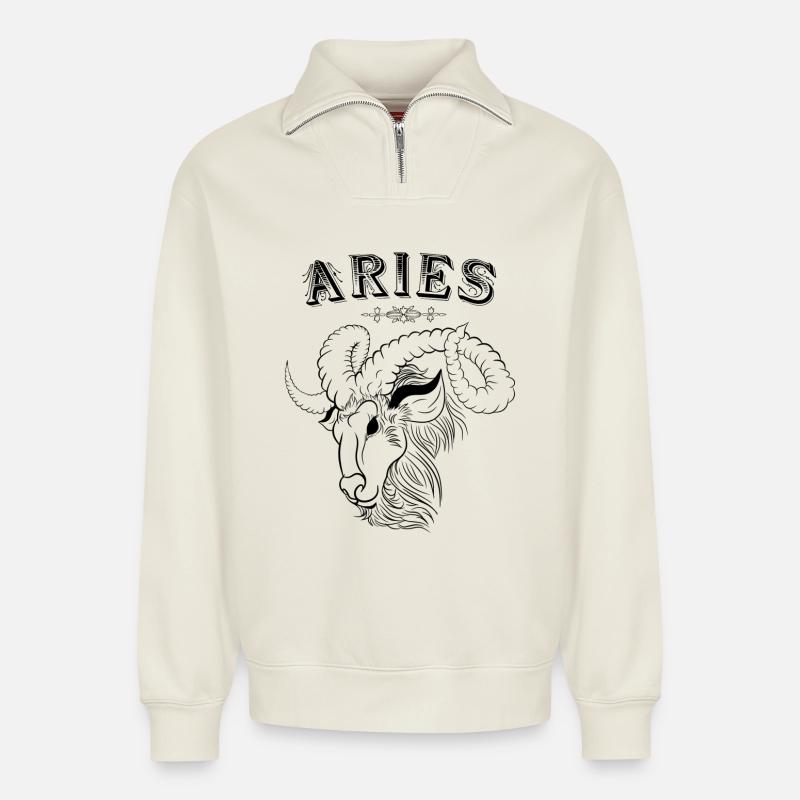 Aries Sternzeichen Widder - Relaxed Unisex Organic Half Zip Sweatshirt – von SPREAD - Naturweiß