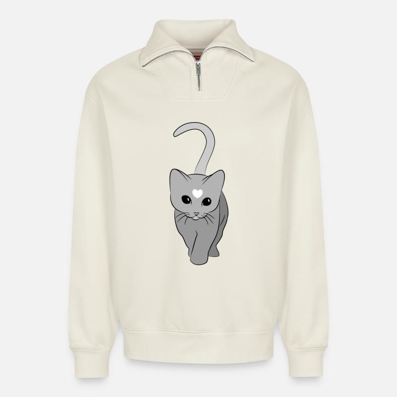 Herzkatze Grauton - Relaxed Unisex Organic Half Zip Sweatshirt – von SPREAD - Naturweiß