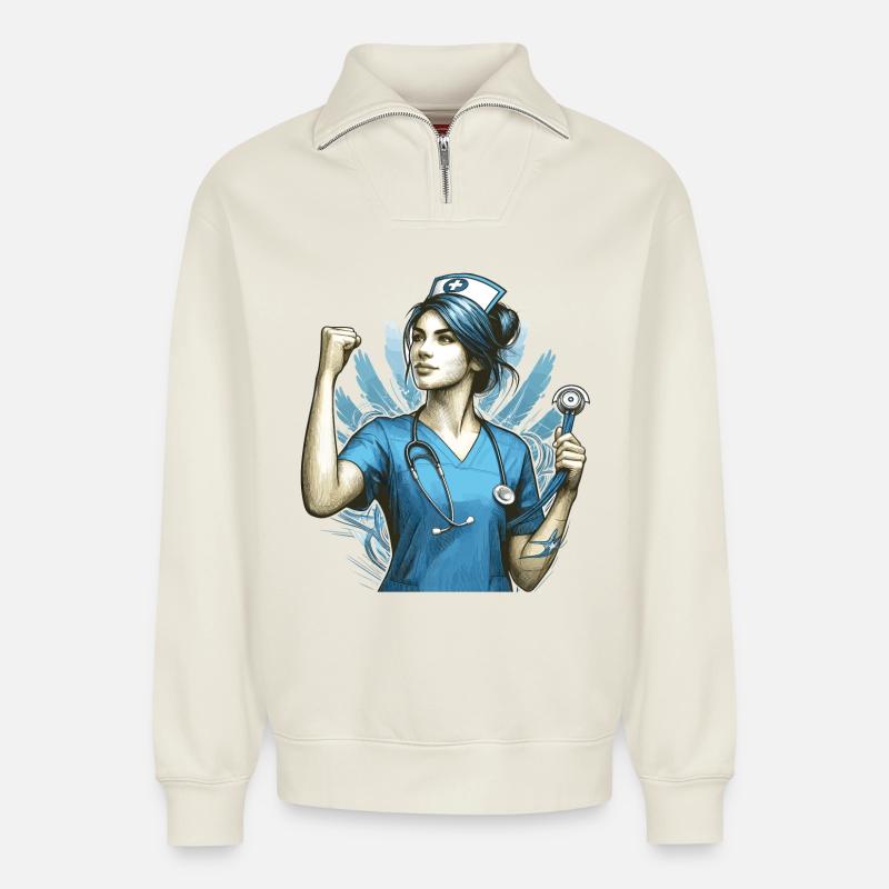 Krankenschwester Siegespose Geschenk - Relaxed Unisex Organic Half Zip Sweatshirt – von SPREAD - Naturweiß