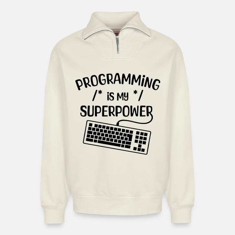 Computer Freak Statement Développeur Programmeur - Sweat unisexe décontracté en coton biologique à demi-zip – de SPREAD - blanc cassé