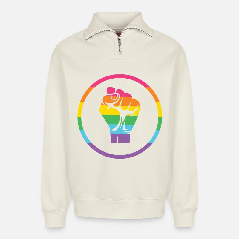 LGBTQ-Pride-Monat - Pride! - Relaxed Unisex Organic Half Zip Sweatshirt – von SPREAD - Naturweiß