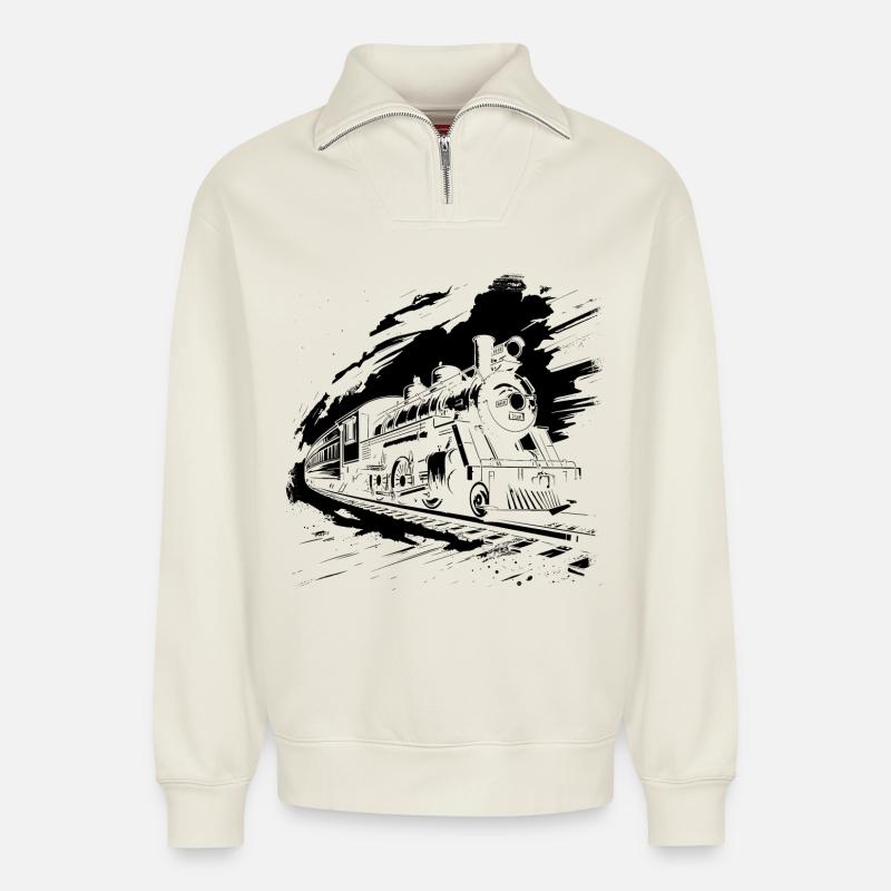 Eisenbahn - Relaxed Unisex Organic Half Zip Sweatshirt – von SPREAD - Naturweiß