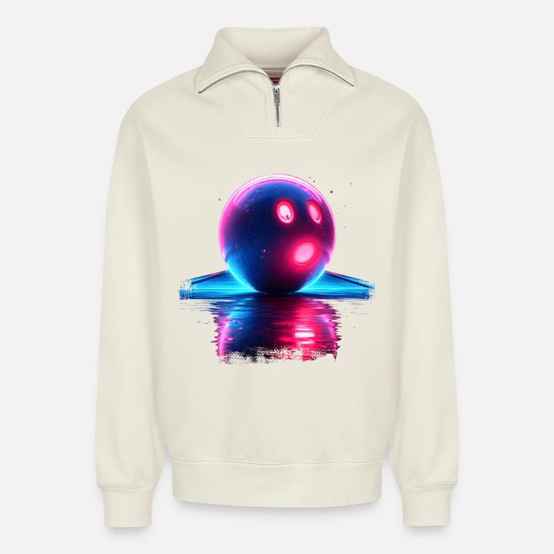Bowling Retrowave - Sweat unisexe décontracté en coton biologique à demi-zip – de SPREAD - blanc cassé
