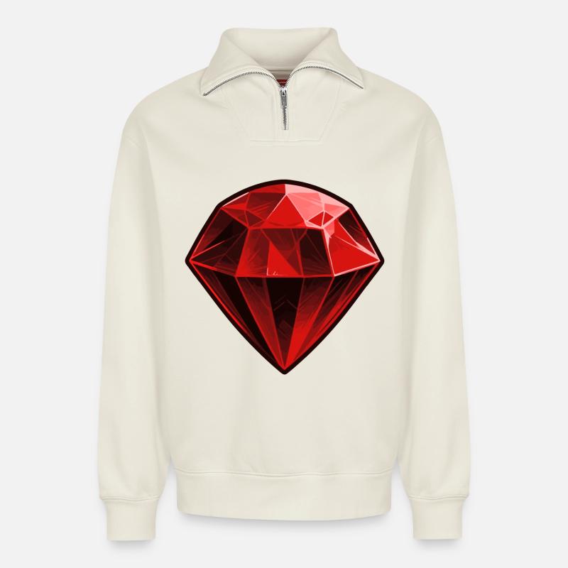 Precious Red Ruby Gemstone - Relaxed Unisex Organic Half Zip Sweatshirt – by SPREAD - off white