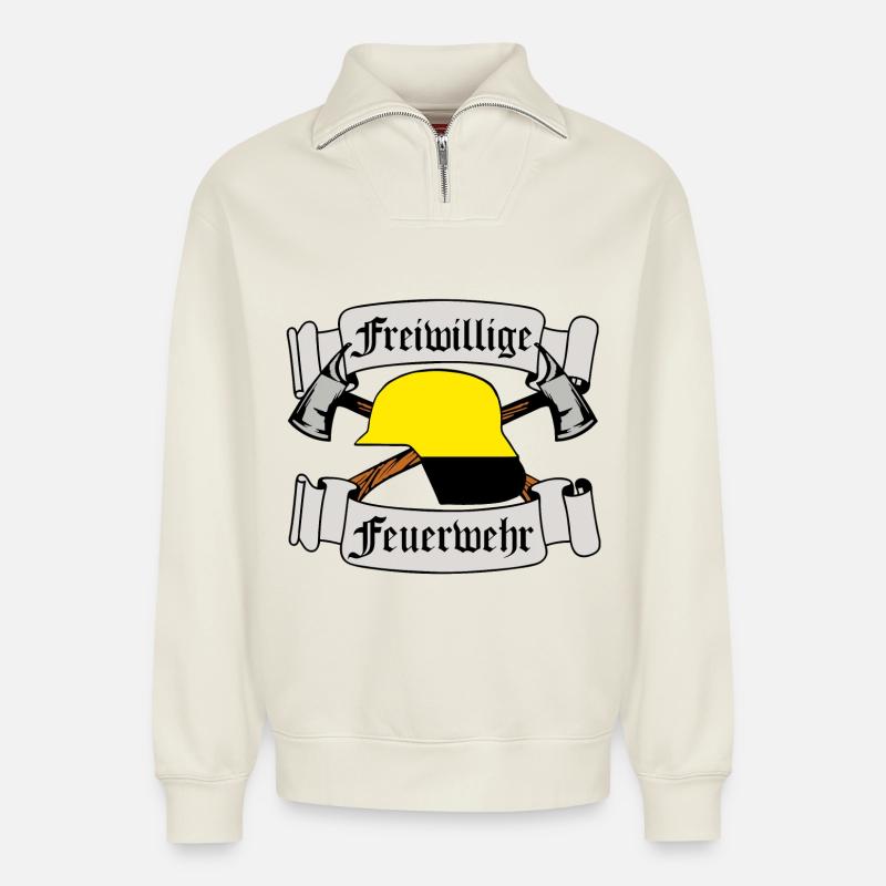 Volunteer Fire Brigade Emblem - Relaxed Unisex Organic Half Zip Sweatshirt – by SPREAD - off white