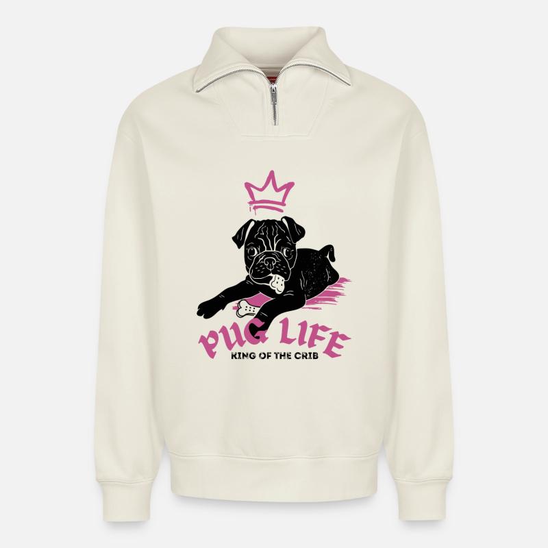 Pug Life – Mops mit Krone - Relaxed Unisex Organic Half Zip Sweatshirt – von SPREAD - Naturweiß