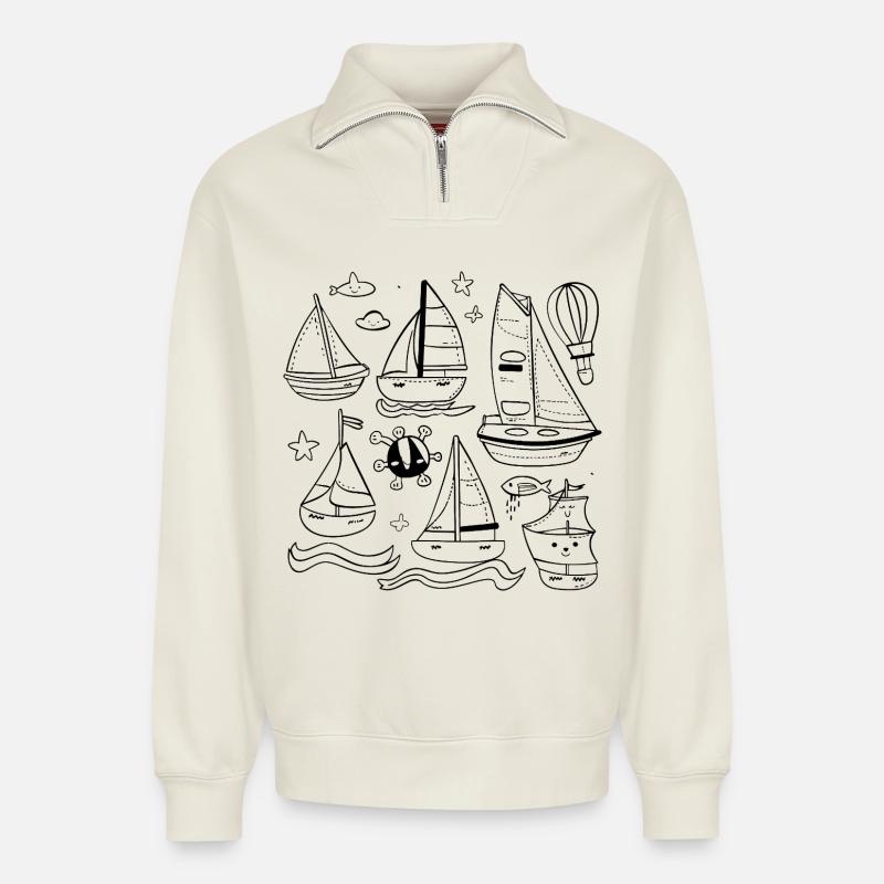 Segeln Comic Stil - Relaxed Unisex Organic Half Zip Sweatshirt – von SPREAD - Naturweiß