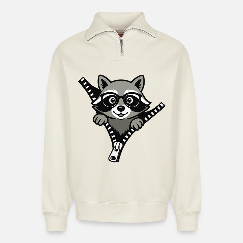 Neugieriger Waschbär - Relaxed Unisex Organic Half Zip Sweatshirt – von SPREAD - Naturweiß