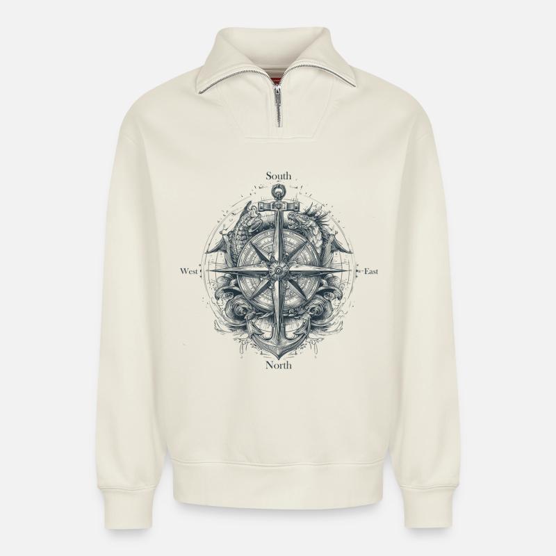 Kompass - Relaxed Unisex Organic Half Zip Sweatshirt – von SPREAD - Naturweiß